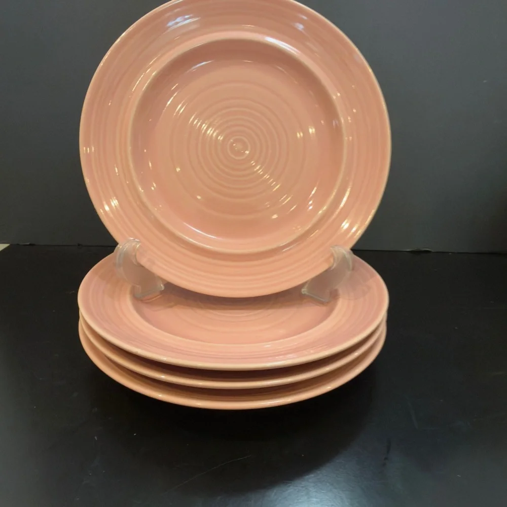 4 Signature Carnivale  Rose Pink 8” Plates Embossed Rings Stoneware Japan Set 4